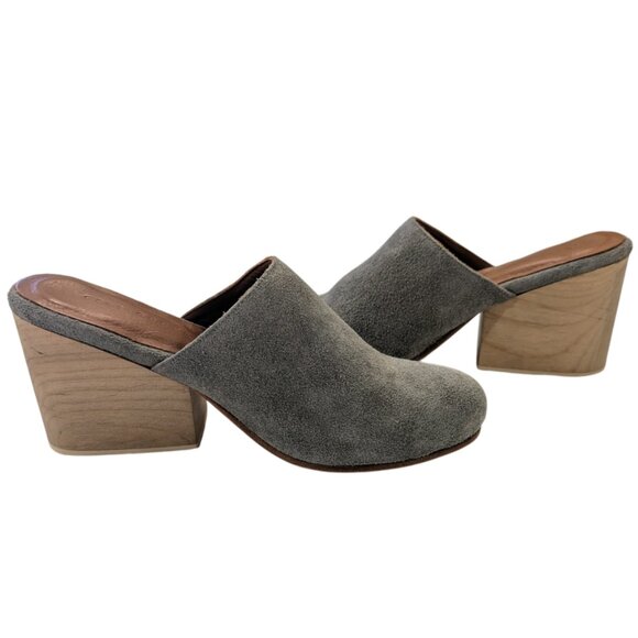 CERI HOOVER Miller Mule 7 Wood Heel Hand-Carved Gray Suede Leather Upper - Picture 8 of 13